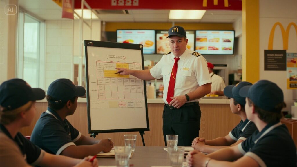 Manager coordinating staff during a busy service period