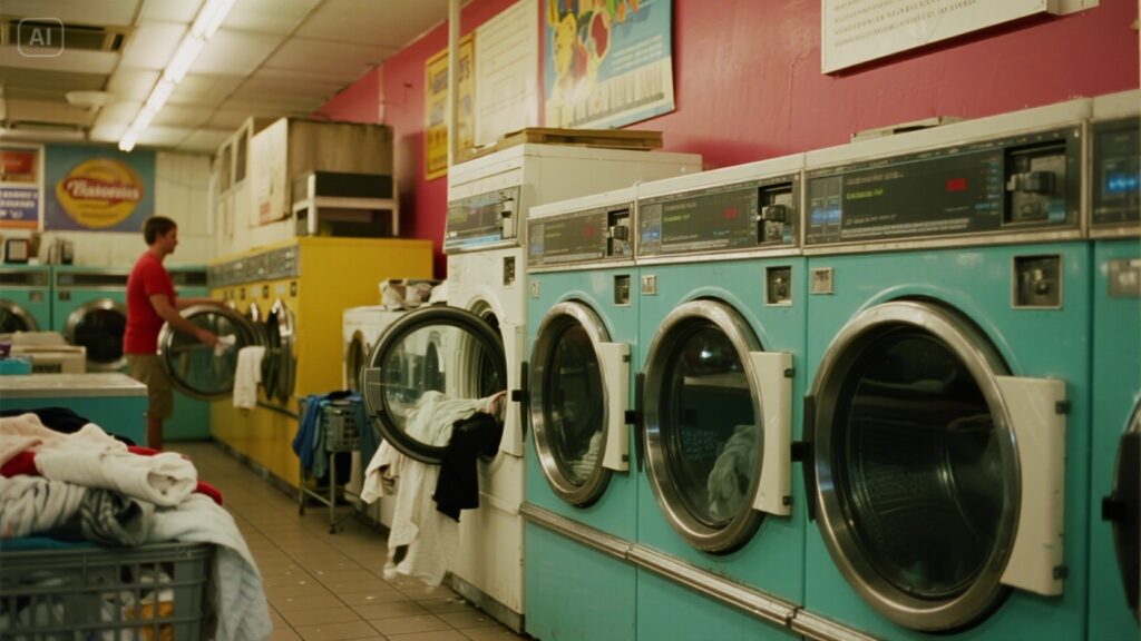 Busy laundromat with customers using washing machines