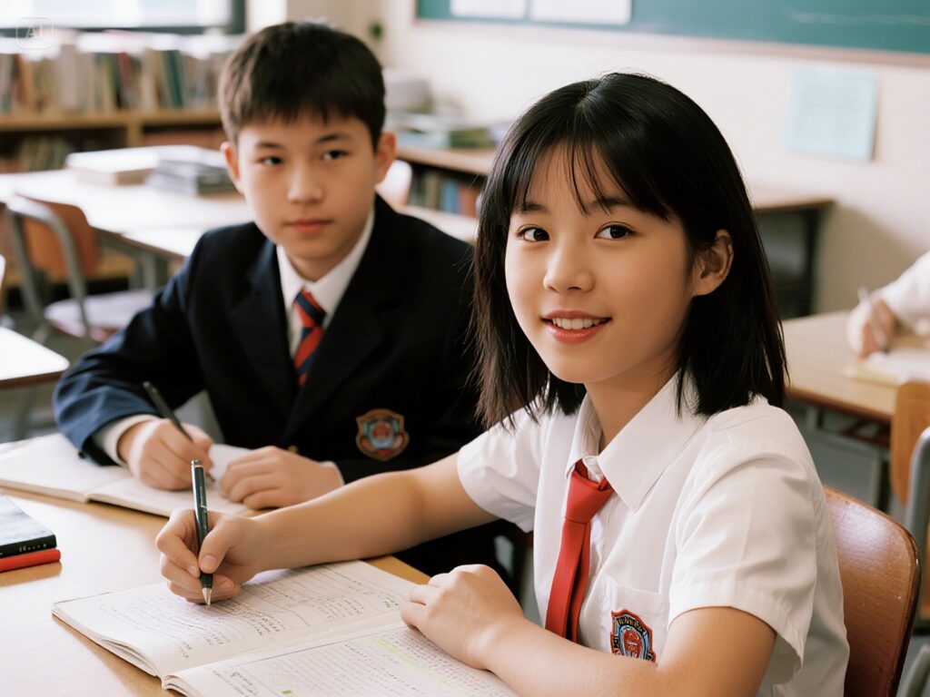 Student tutoring a younger learner at a table