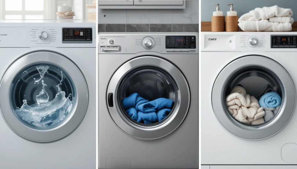 Commercial washers and dryers lined up in a laundromat