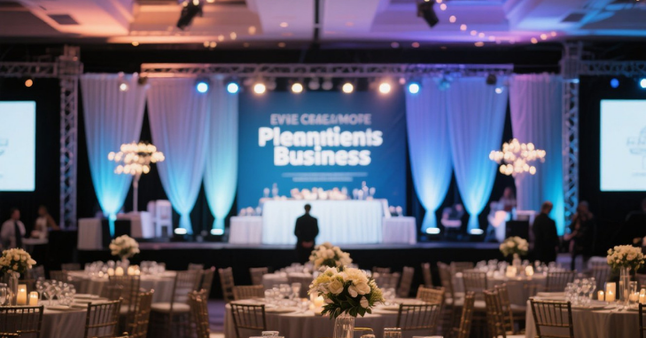 Decorated venue prepared for a corporate event