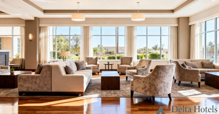 Hotel lobby and shared amenities for business travelers