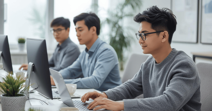 Office workers collaborating in a modern workplace